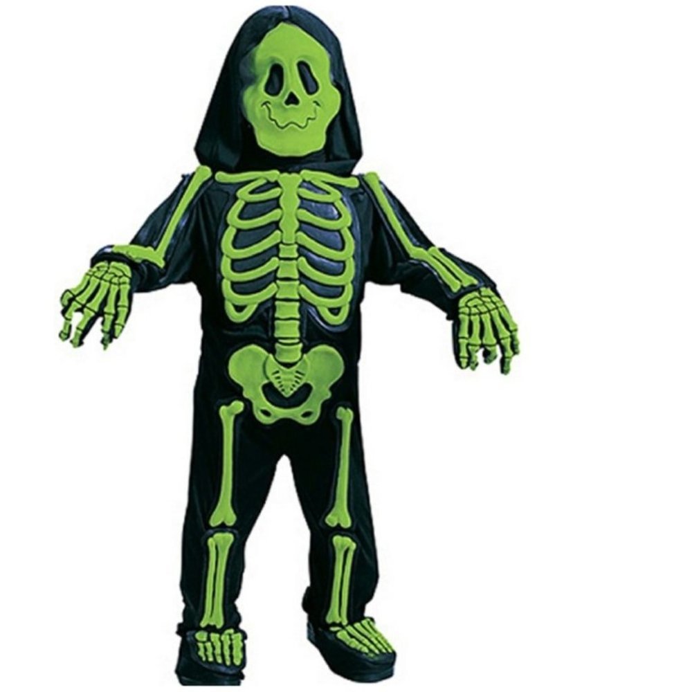 Toddler Skelebones Halloween Costume 4/6 Skeleton Green 3-D 6 Pc Jumpsuit Boys